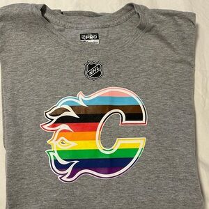 Fanatics Grey Calgary Flames NHL Tee with Pride Rainbow Logo